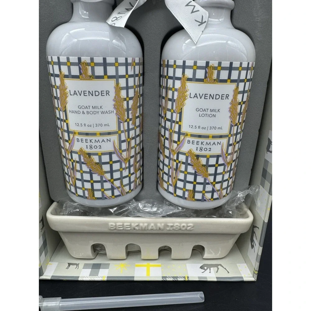 Beekman 1802 Lavender Goat Milk Lotion & Wash Gift Set w Ceramic Tray NEW